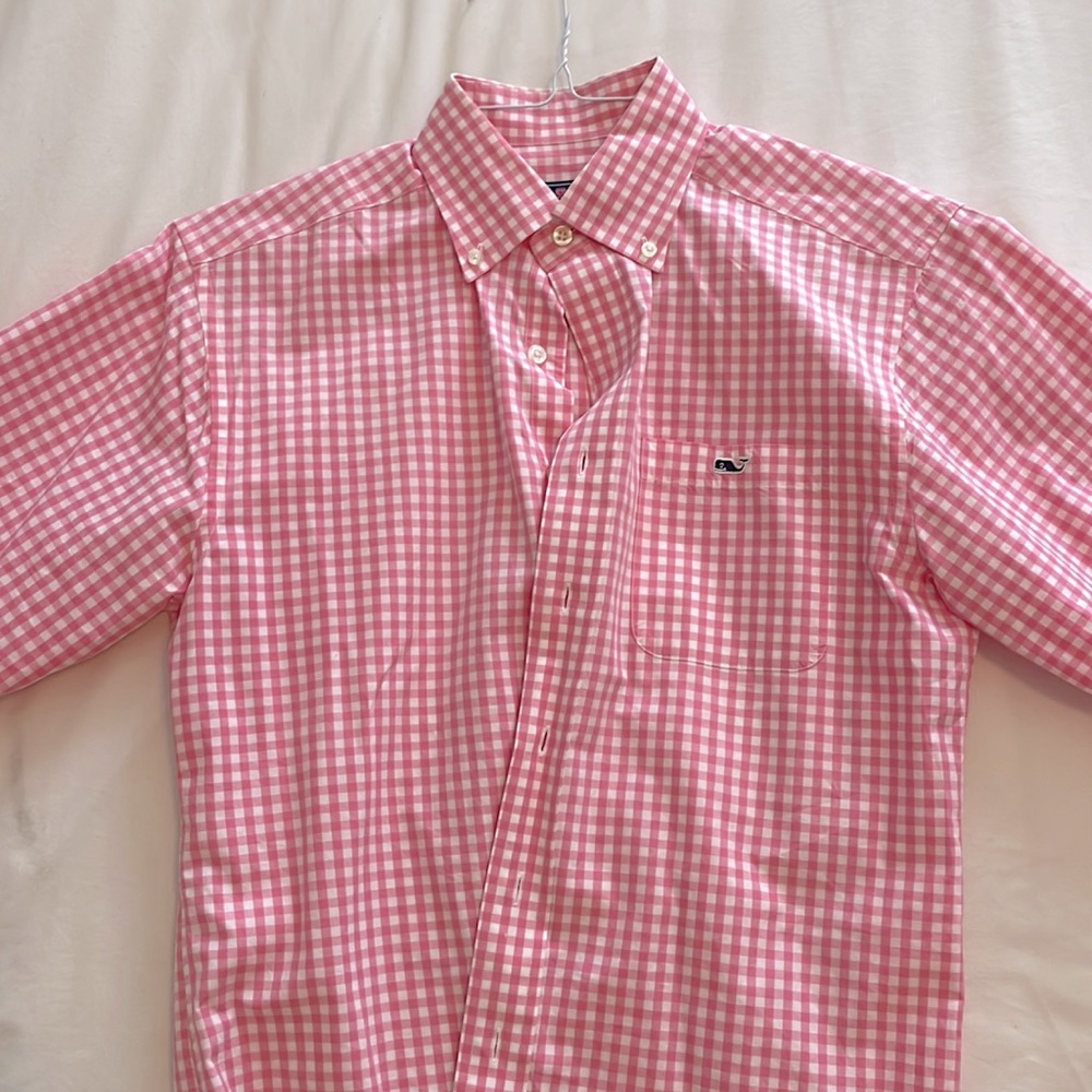 Small vineyard vines pink checkered dress shirt. Always dry cleaned.